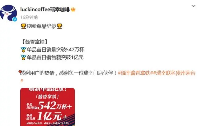 瑞幸酱香拿铁首日销售额破亿 贵州茅台与瑞幸咖啡品牌影响力不凡